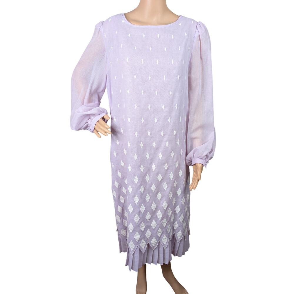 VTG 80s Henry Lee Purple Embroidered Midi Dress SZ 14 Balloon Sleeve Cottagecore